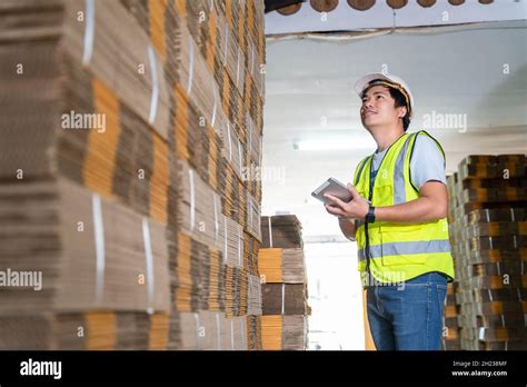 Warehouse Worker Courier Inspecting Checklist Stock Cardboard Boxes For