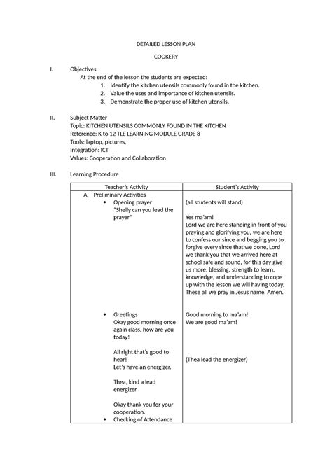 Detailed Lesson Plandocx Demo Detailed Lesson Plan Cookery I Objectives At The End Of The