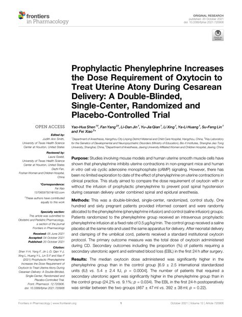 Pdf Prophylactic Phenylephrine Increases The Dose Requirement Of Oxytocin To Treat Uterine