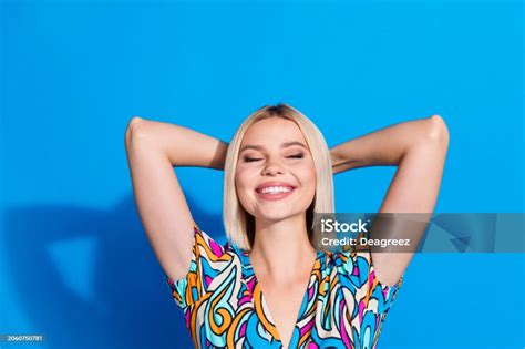 Photo Of Good Mood Woman With Bob Hairdo Dressed Print Blouse Arms