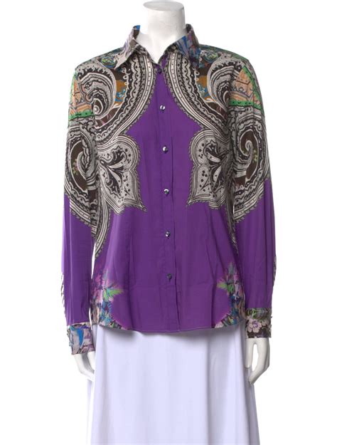 Etro Printed Long Sleeve Button Up Top Purple Tops Clothing