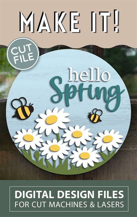 Hello Spring Flower Sign Round Door Hanger Svg Glowforge Laser File