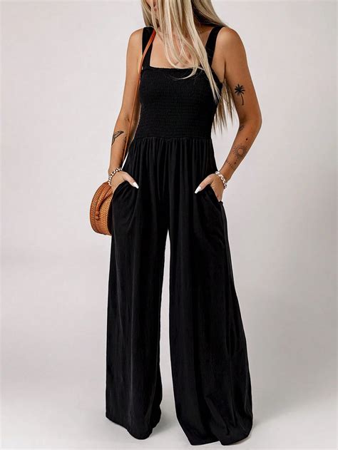 Acelitt Solid Slant Pocket Cami Wide Leg Jumpsuit Shein Usa