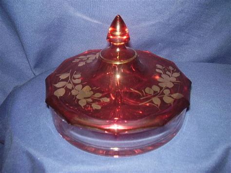 Cranberry Glass Gold Trim 3 Section Covered Candy Dish From