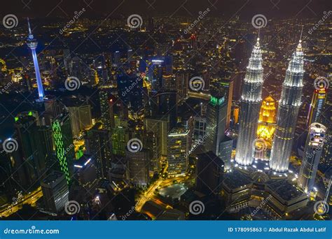 Aerial View Of Kuala Lumpur City Center Skyline At Night Editorial