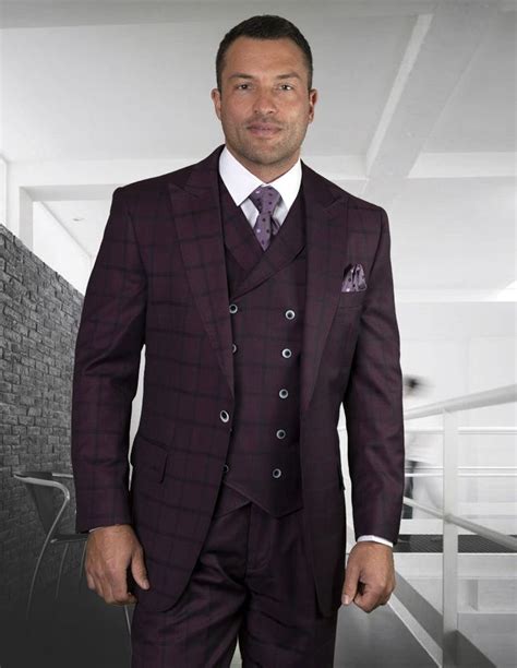 Statement Mens 100 Wool 3 Piece Suit Tone On Tone Windowpane