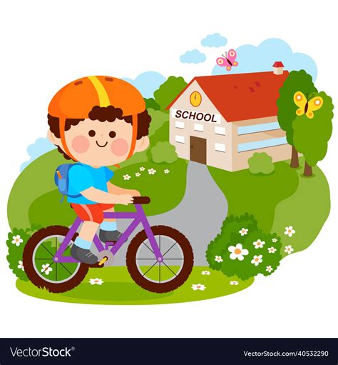 Little Boy Rides His Bicycle To School Royalty Free Vector