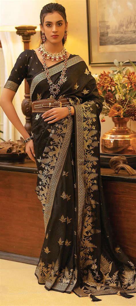 Engagement Reception Wedding Black And Grey Color Satin Silk Fabric Saree 1956652