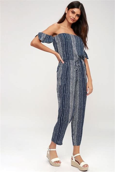 Dream On Navy Blue And White Striped Off The Shoulder Jumpsuit