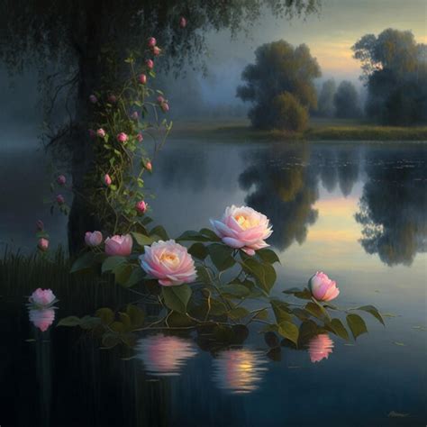 Premium Ai Image A Painting Of A Lake With Pink Roses And Green Leaves