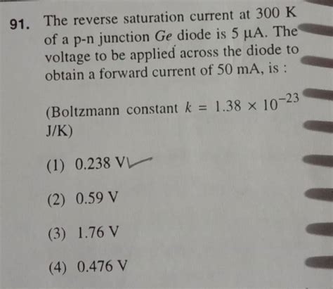 The reverse saturation current at 300 K of a p n junction Ge diode is 5μA