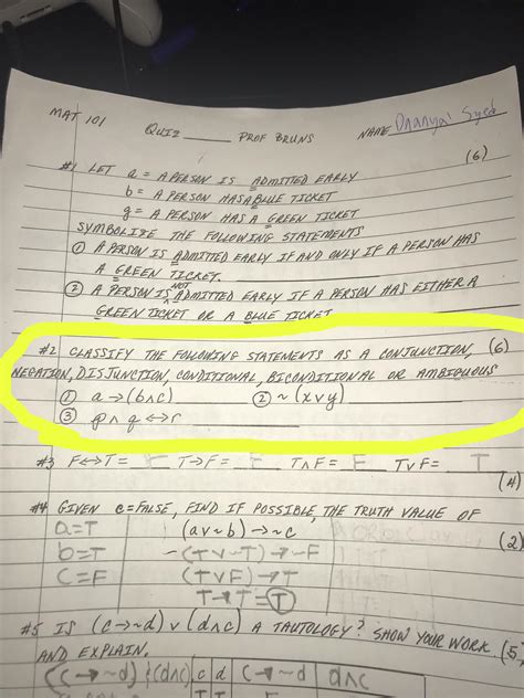 MAT 101 Classify The Following Statements As A Conjunction Negation