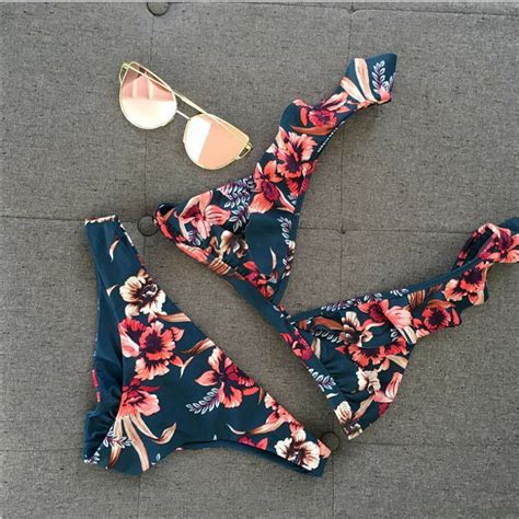 Sexy Flower Print Pcs Bikini Sets Women Push Up Padded Bra Bandage Ruffles Bikini Set Swimsuit