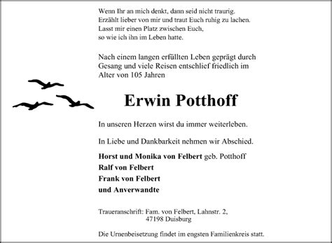 Traueranzeigen Von Erwin Potthoff Trauer In Nrw De