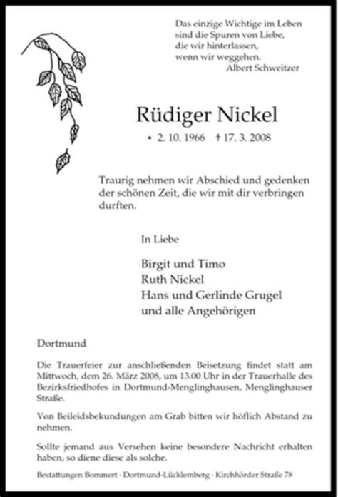 Traueranzeigen Von R Diger Nickel Trauer In Nrw De