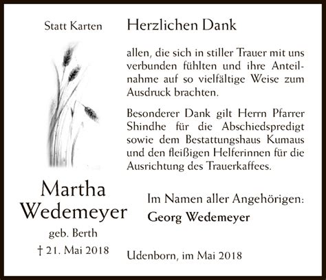 Traueranzeigen Von Martha Wedemeyer Trauer HNA De