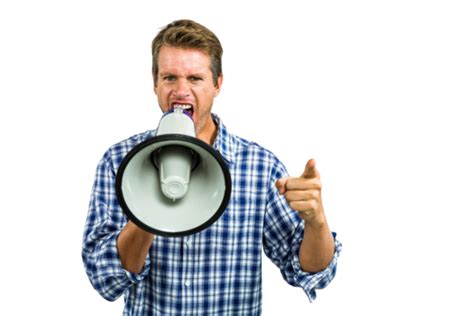 Portrait Of Angry Man Yelling Through Megaphone Distant Problems