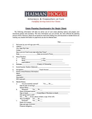 Fillable Online Estate Planning Questionnaire For Single Client Fax