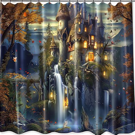 Enchanting Forest Castle Shower Curtain Magical Woodland Waterfall