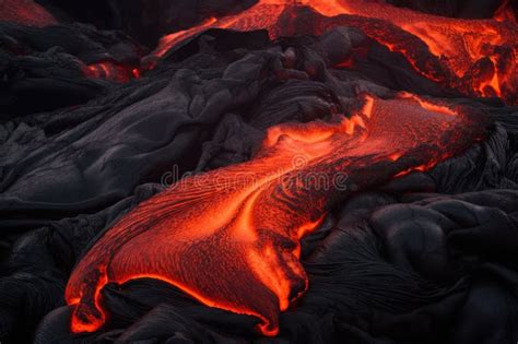 Close Up Of Molten Lava Its Fiery Red Glow Visible Through The Flow