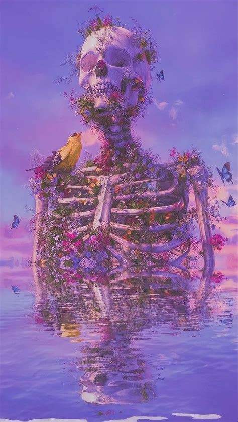 A Painting Of A Skeleton Sitting In The Water With Flowers And Birds On