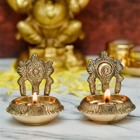 Round Pooja Pure Brass Shanku Chakra Kuber Diya Inches For Puja