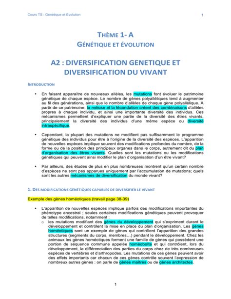 A2 Diversification Genetique Et Diversification Du Vivant