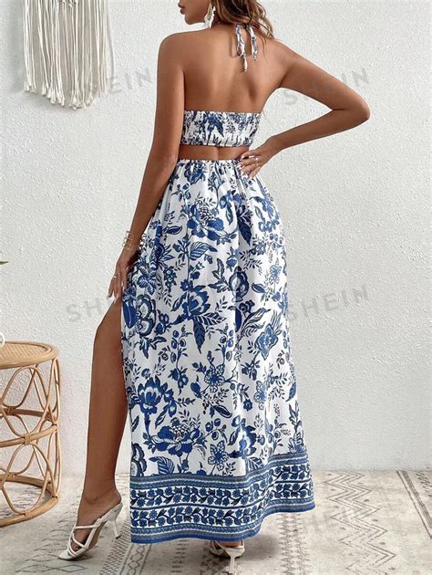 Shein Vcay Floral Print Tie Backless Split Waist Cutout Thigh Halter