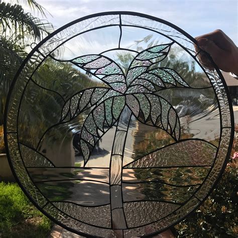 Iridescent Palm Tree Stained Glass Window Panel Hangings Clear Textured Glass Art Round Coconut