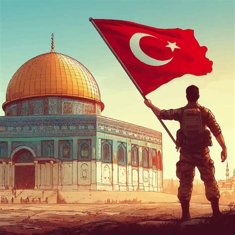 Premium Vector Turkish Soldier Waving Turkish Flag In Front Of Dome