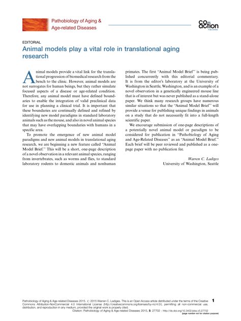 Pdf Animal Models Play A Vital Role In Translational Aging Research