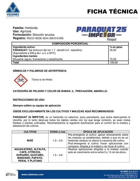 Ficha Tecnica Paraquat Impetor Familia Herbicida Uso Agr Cola