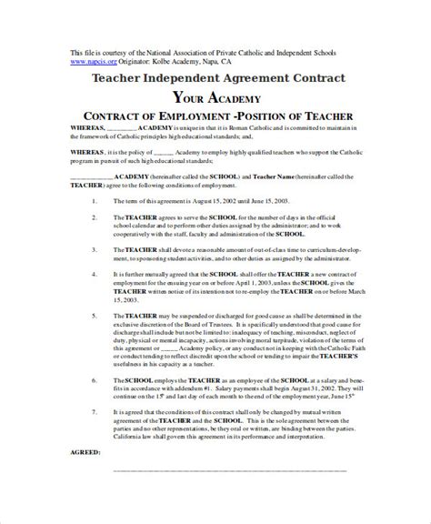 Free Teacher Agreement Contract Samples Templates In Word Pdf