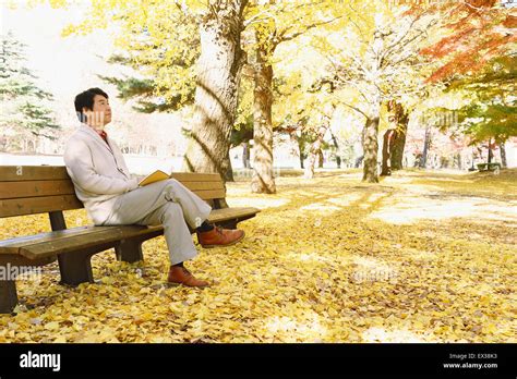 Senior Japanese Man Sitting On A Bench With A Book In A City Park In