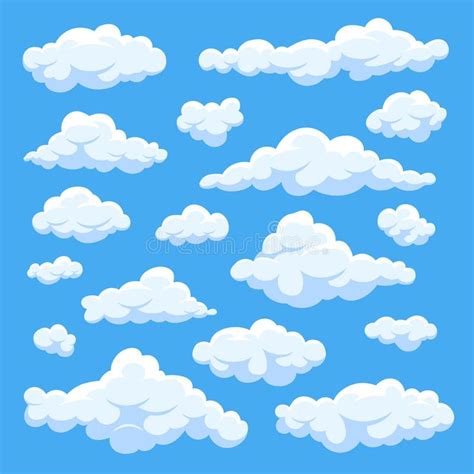 Fluffy White Cartoon Clouds in Blue Sky Vector Set. Cloudy Day Heaven ...