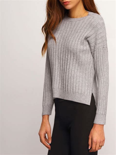 Grey Split Rib Dip Hem Sweater Shein Sheinside