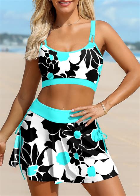 Rotita Contrast Binding Cyan Floral Print Bikini Top Rotita Usd