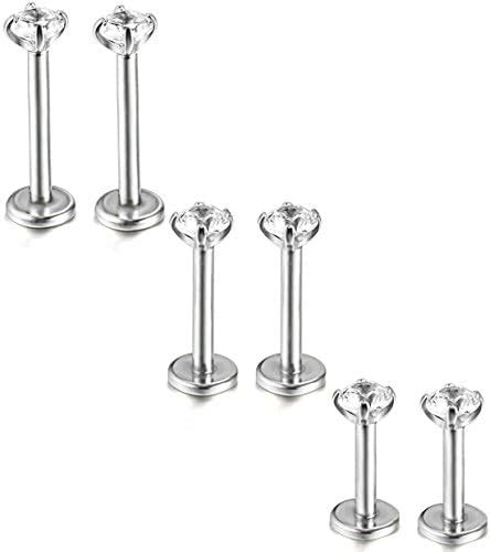 FIBO STEEL 316L 2 6pcs Stainless Steel 16G 3mm CZ Inlaid Lip Rings