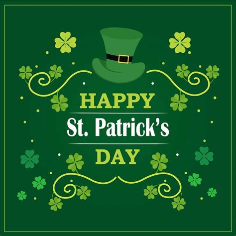 Happy Saint Patrick Day Greeting With Shamrock Leaf And Hats On Green