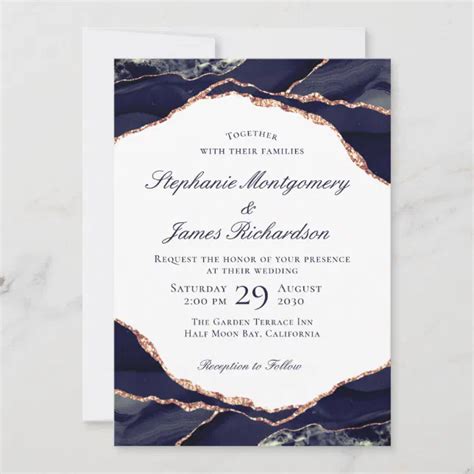 Elegant Rose Gold Foil Navy Blue Agate Wedding Invitation Zazzle