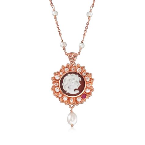 Italian Cultured Pearl And Brown Shell Cameo Pendant Necklace With Ruby