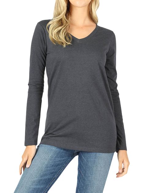 Women Casual Basic Cotton Loose Fit V Neck Long Sleeve T Shirt Top