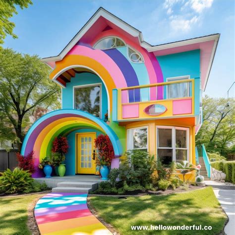 A Multicolored House With A Rainbow Painted Front Door