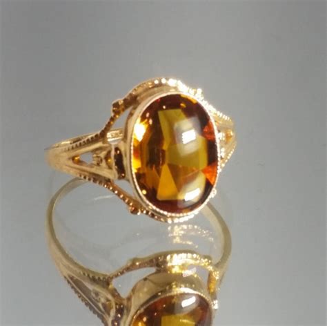 K Solid Yellow Gold Art Deco Orange Topaz Ring Retro Vintage Haute