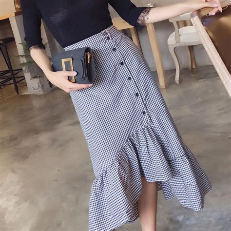 Irregular Plaid Summer Skirt Flounce Ruffles Midi Skirt Casual Women S Skirts Pastel Denim