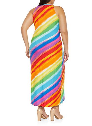 Plus Size Rainbow Striped High Neck Maxi Dress Rainbow