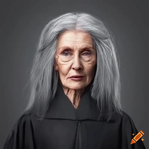 Portrait Of A Mature Woman With Long Gray Hair In A Black Robe On Craiyon