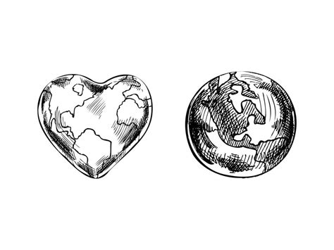 Hand-drawn sketch collection of planet Earth and heart shaped Earth ...