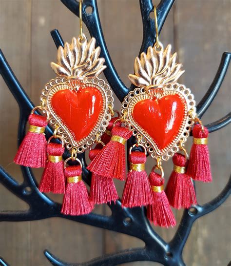 Red Sacred Heart Tassel Earrings Sagrado Corazon Exvotos Boho Etsy