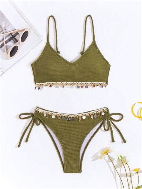 SHEIN Swim Conjunto de bikini tejido con parche de banda y decoración de conchas para mujeres de